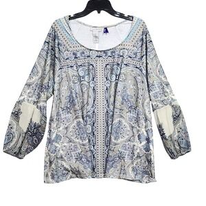 Catherines Blouse Paisley Print Long Sleeve Scoop Neck Tunic Top 1X Petite